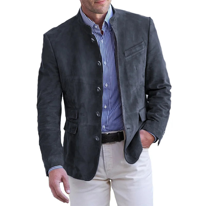 Alaric | Men’s Stand Collar Blazer with Suede and Pockets