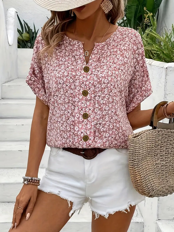 Fatima | Women's Floral Short Sleeve Blouse with Buttons