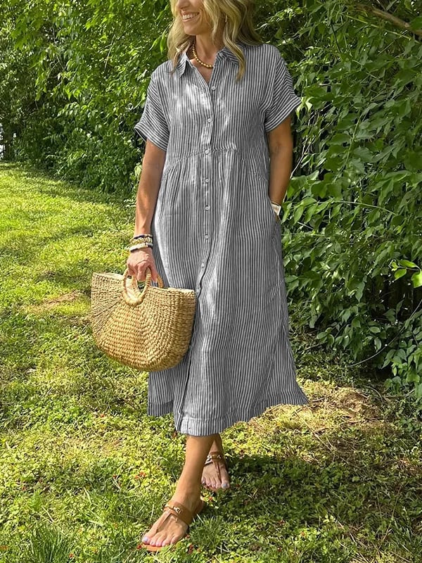 Brinley | Women's Striped Button Up Collar Dress with Pockets