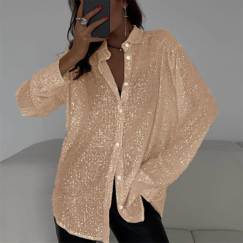 Bianca | Women’s Long-Sleeve Sequin Lapel Shirt with Buttons