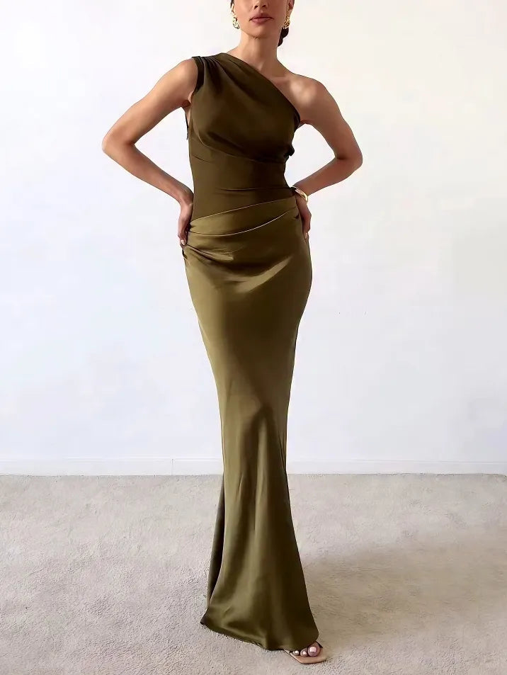 Anita | Women's Elegant One Shoulder Neck Pleated Party Maxi Dress