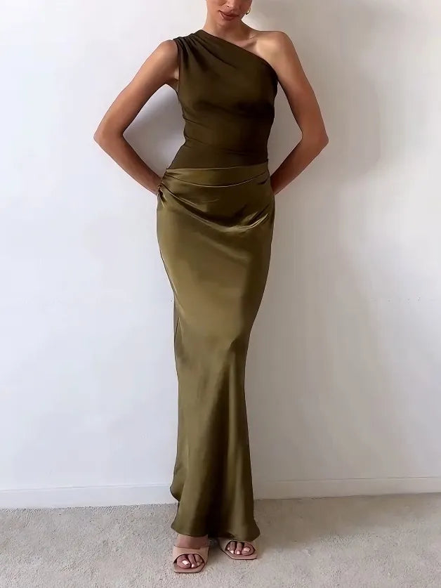 Anita | Women's Elegant One Shoulder Neck Pleated Party Maxi Dress