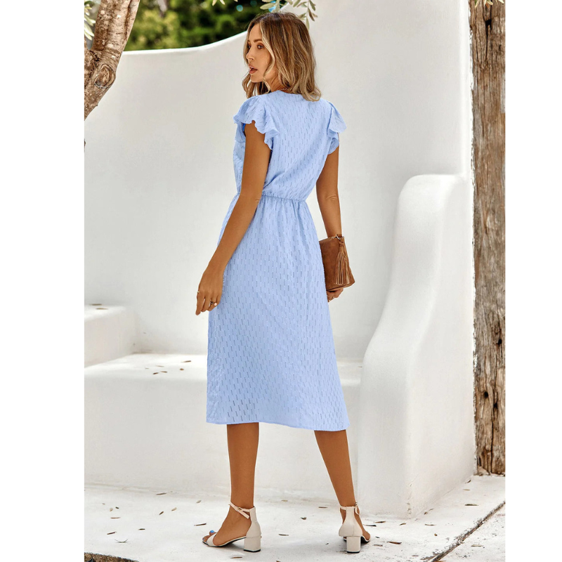 Roselle | Women’s Flutter Sleeve V-neck Midi Dress with Button Front