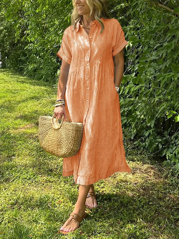 Brinley | Women's Striped Button Up Collar Dress with Pockets