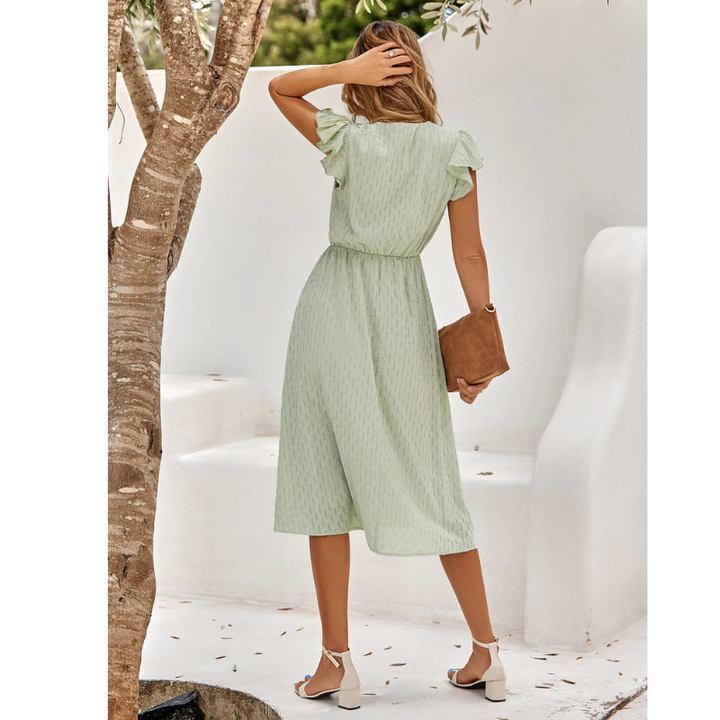 Roselle | Women’s Flutter Sleeve V-neck Midi Dress with Button Front