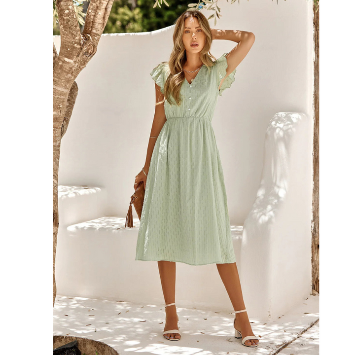 Roselle | Women’s Flutter Sleeve V-neck Midi Dress with Button Front