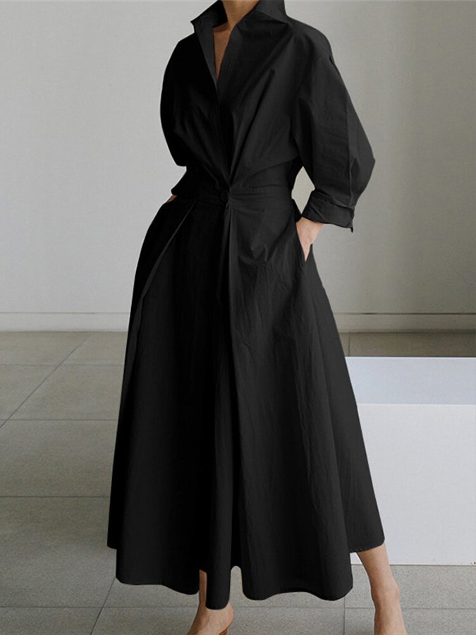 Elowra | Women's Elegant Long Sleeve Maxi Dress with One Button and Collar