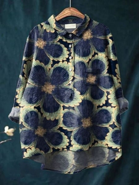 Linnea | Women's Lightweight Floral Blouse with Half Buttons and Collar