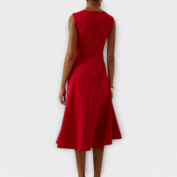 Sheila | Women’s Draped Asymmetric Sleeveless Midi Dress with Ruffle Detail