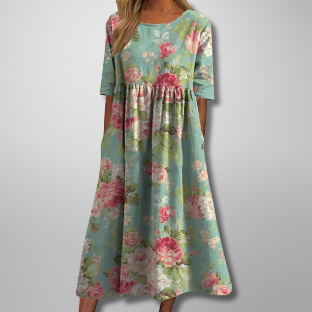 Liora | Women's Embroidered Floral Loose Fit Midi Dress