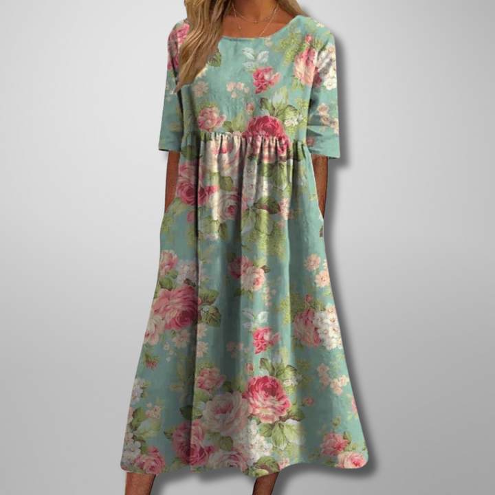 Liora | Women's Embroidered Floral Loose Fit Midi Dress