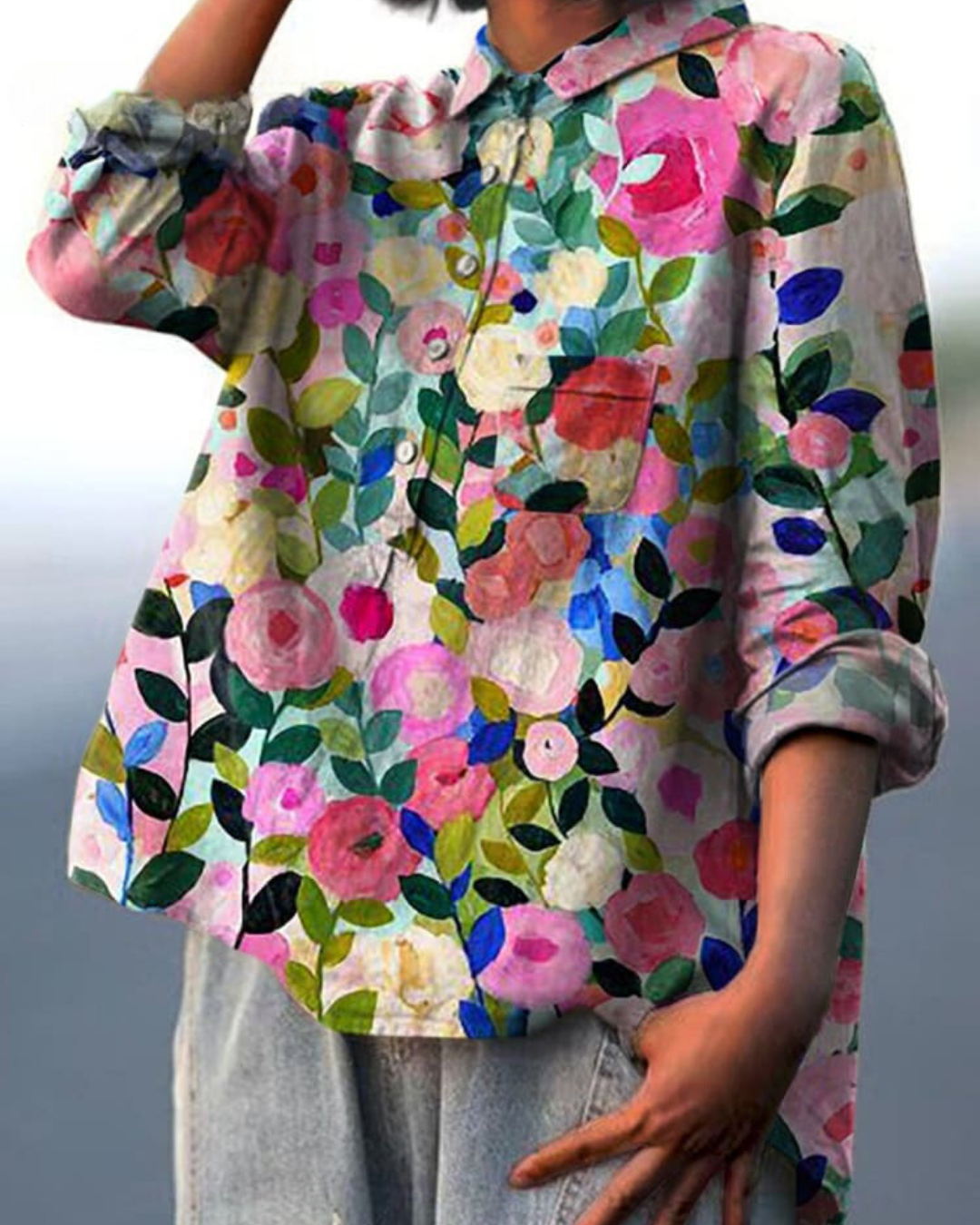 Linnea | Women's Lightweight Floral Blouse with Half Buttons and Collar