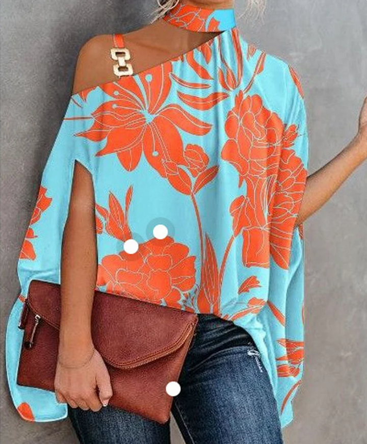 Sorina | Women’s Gold Accent One-Shoulder Blouse with Geometric Print