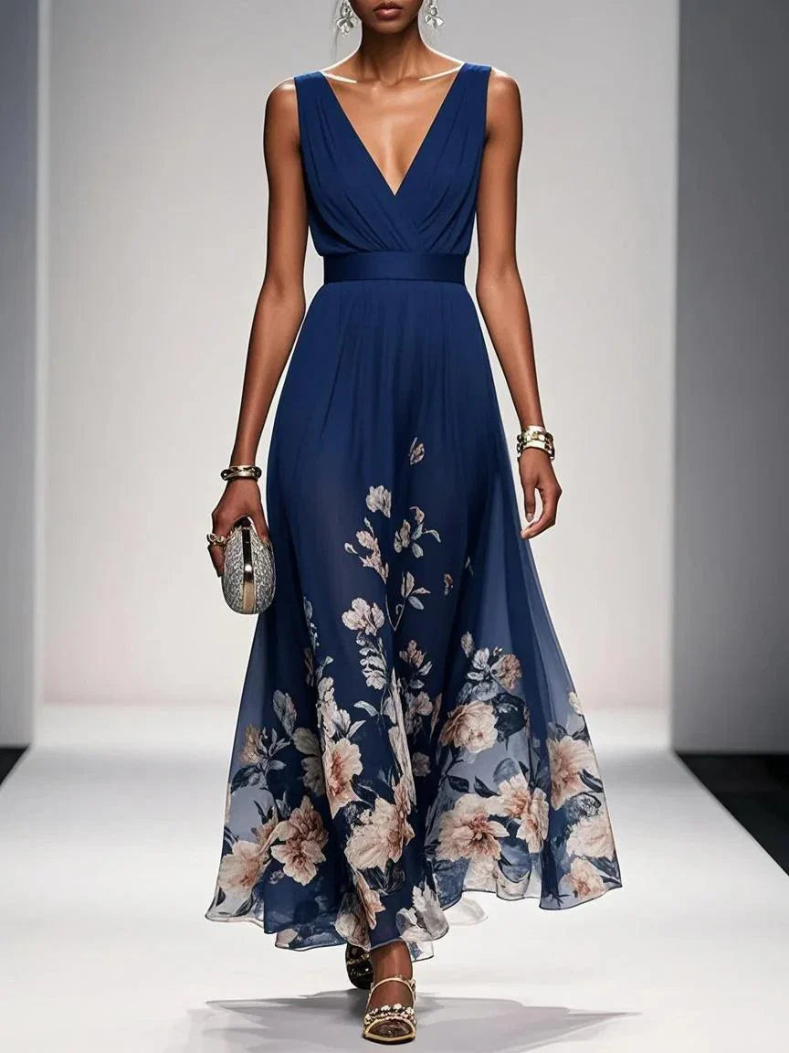 Marcea | Women's Floral Chiffon V Neck Maxi Dress with Belt