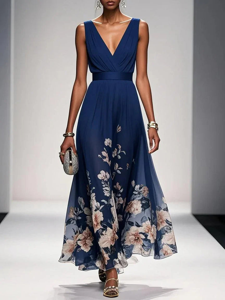 Marcea | Women's Floral Chiffon V Neck Maxi Dress with Belt