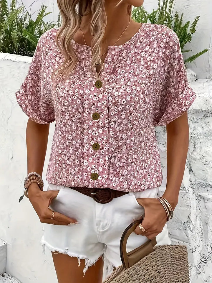 Fatima | Women's Floral Short Sleeve Blouse with Buttons