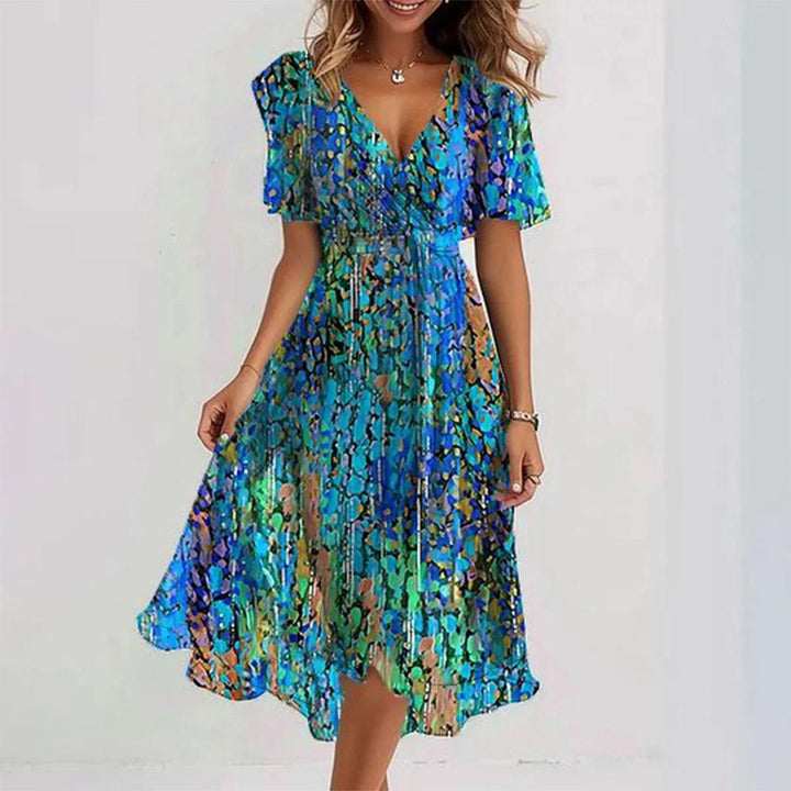 Tavira | Women's Floral Wrap Midi Dress with Tie Belt and Short Sleeve