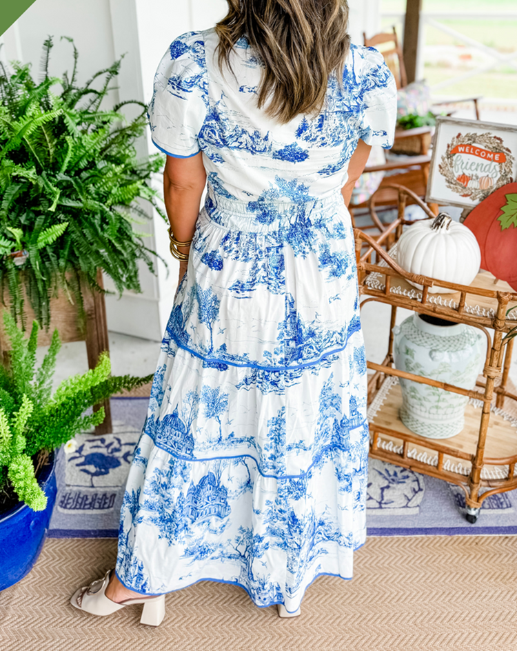 Toulise | Women's Toile Print Maxi Dress with Short Sleeve