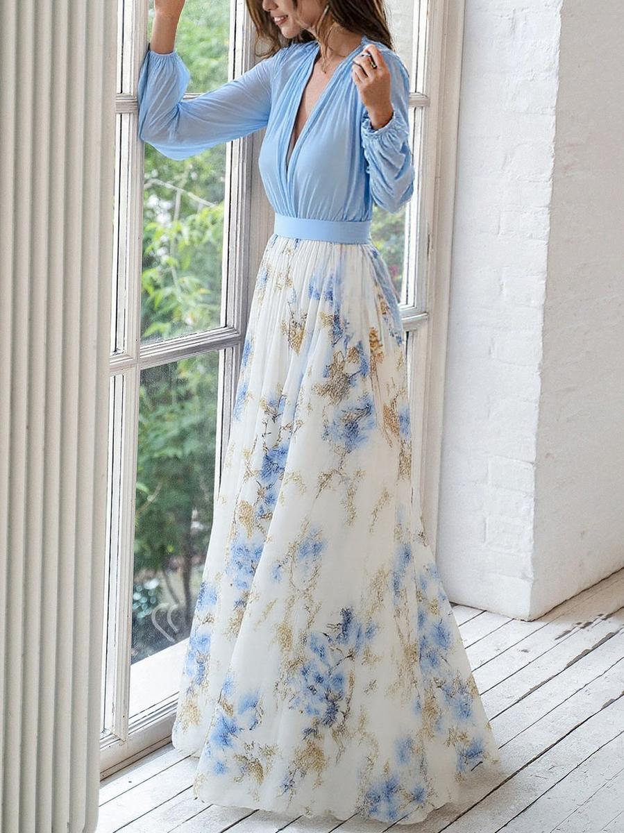 Daphra | Women's Dazzling Floral Maxi Dress with Long Sleeve and V-neck
