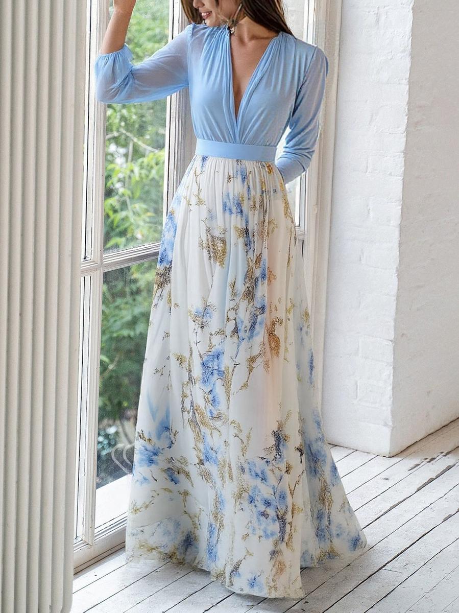 Daphra | Women's Dazzling Floral Maxi Dress with Long Sleeve and V-neck