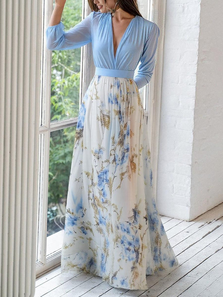 Daphra | Women's Dazzling Floral Maxi Dress with Long Sleeve and V-neck