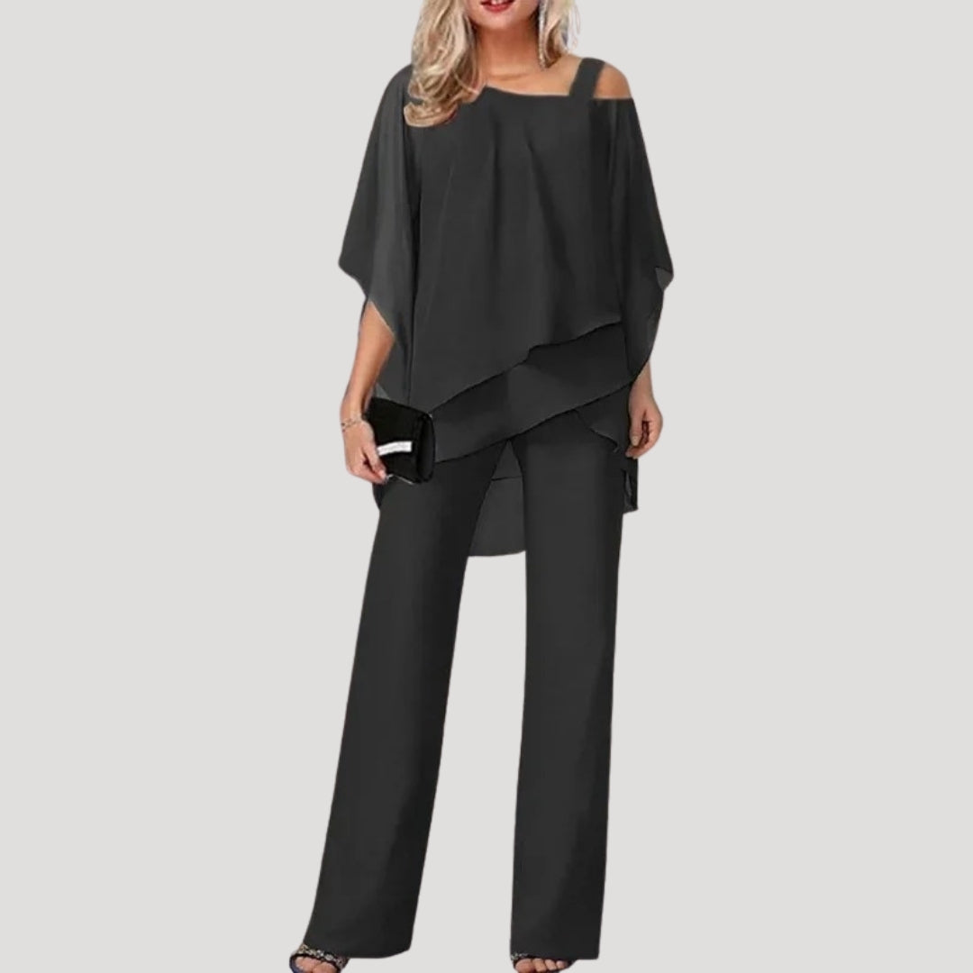Celestine | Women’s Chiffon Two-Piece Set with Asymmetric Top and Trouser