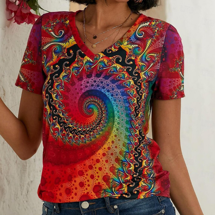 Celina | Women’s Short Sleeve V-neck Top with Spiral Multicolor