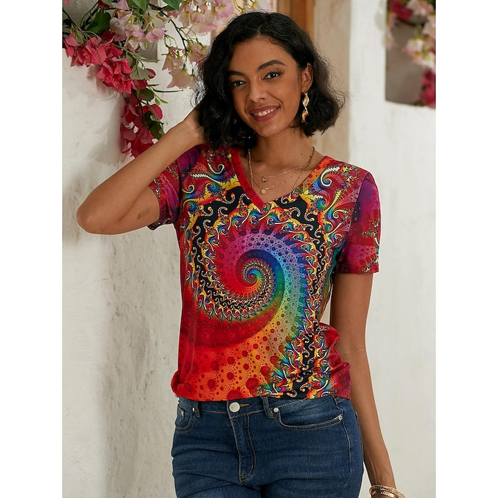 Celina | Women’s Short Sleeve V-neck Top with Spiral Multicolor