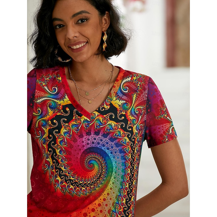 Celina | Women’s Short Sleeve V-neck Top with Spiral Multicolor