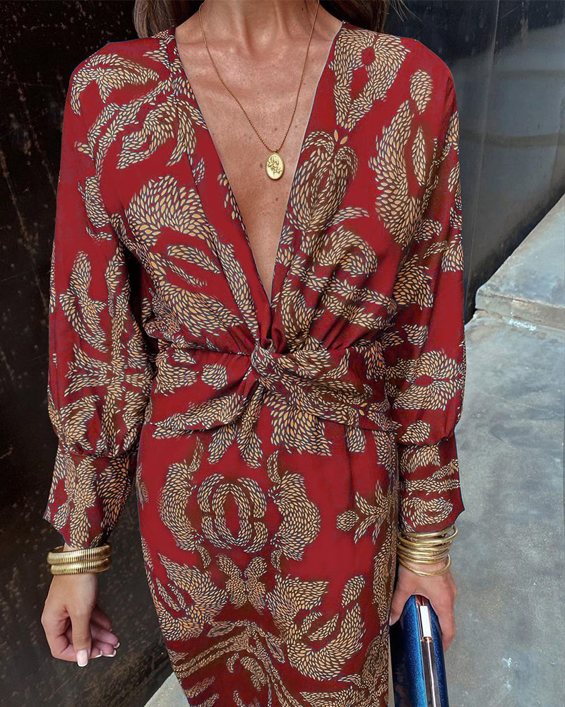 Angel | Women’s Elegant Long Sleeve Midi Dress with Prints and V-neck