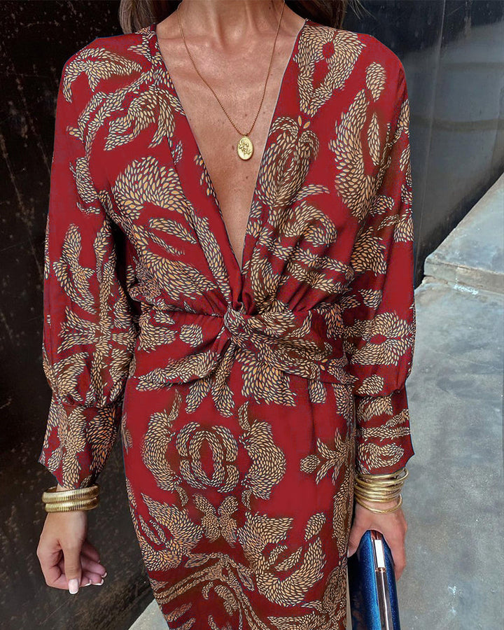 Angel | Women’s Elegant Long Sleeve Midi Dress with Prints and V-neck