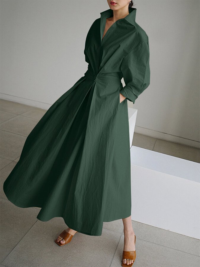 Elowra | Women's Elegant Long Sleeve Maxi Dress with One Button and Collar