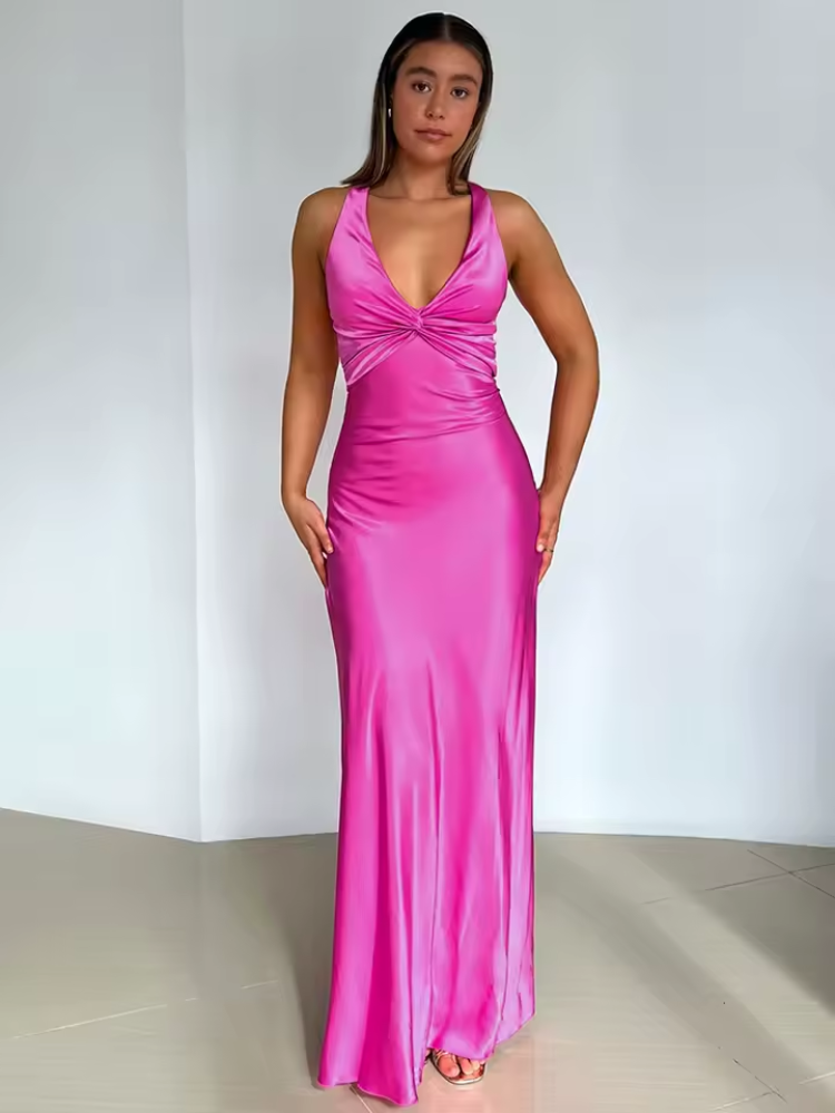 Oceane | Women’s Sleeveless Satin Party Dress with Deep V-neck