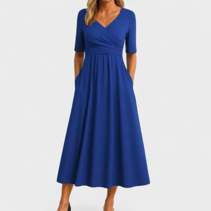 Jessica | Women’s Short Sleeves Midi Dress with V-neck and Pockets