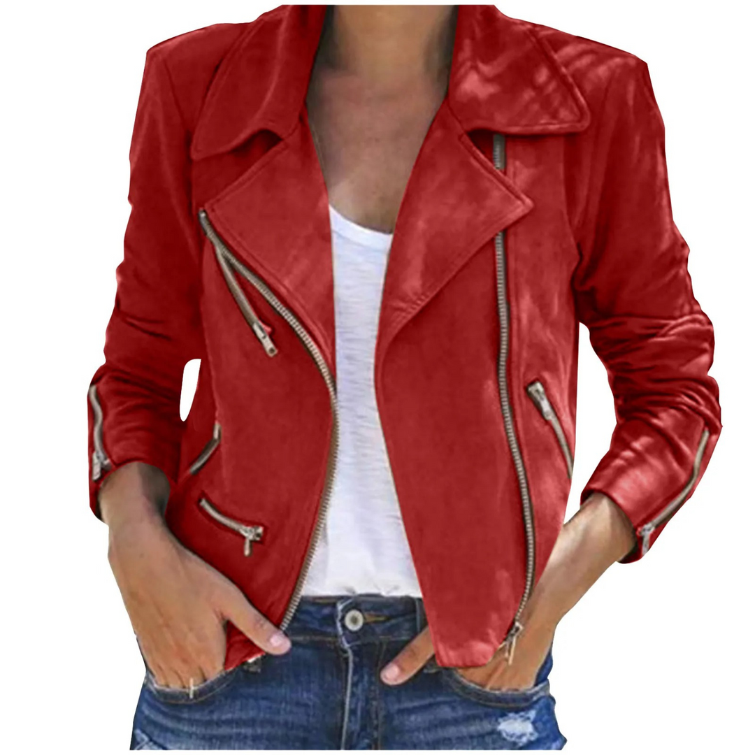 Lunara | Women's Zippers Leather Jacket with Notched Lapel