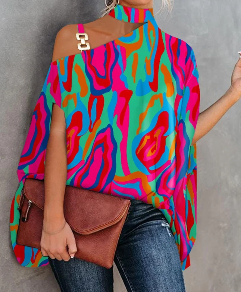 Sorina | Women’s Gold Accent One-Shoulder Blouse with Geometric Print