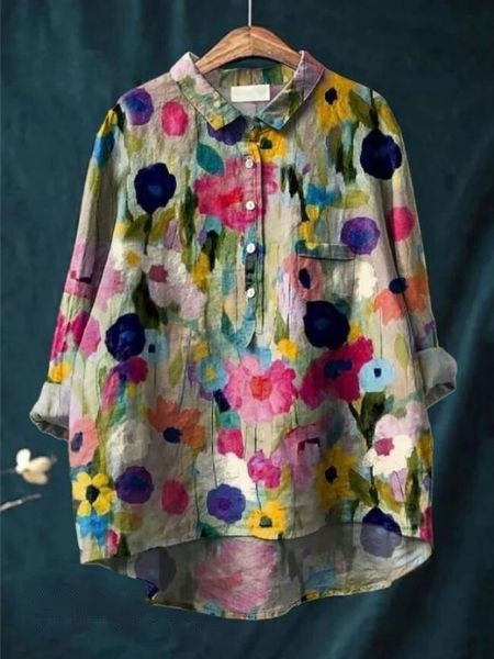 Linnea | Women's Lightweight Floral Blouse with Half Buttons and Collar