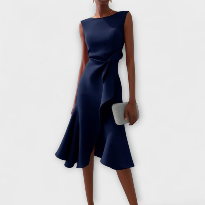Sheila | Women’s Draped Asymmetric Sleeveless Midi Dress with Ruffle Detail