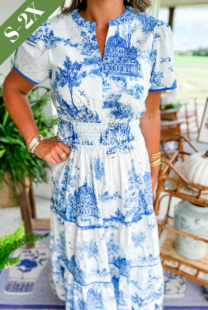 Toulise | Women's Toile Print Maxi Dress with Short Sleeve