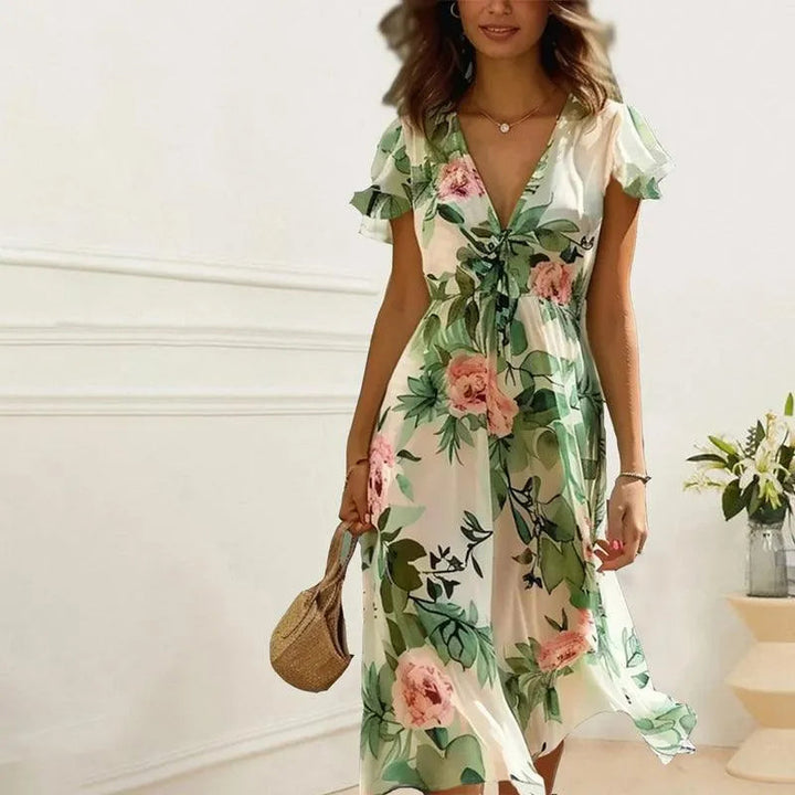 Violetta | Women’s Floral Midi Dress with V-neck and Puff Sleeves