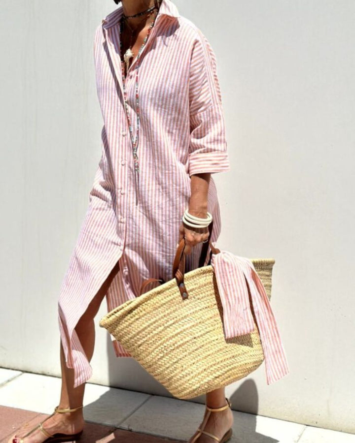 Marcellina | Women's Stripe Belted Shirt Dress with Button Front