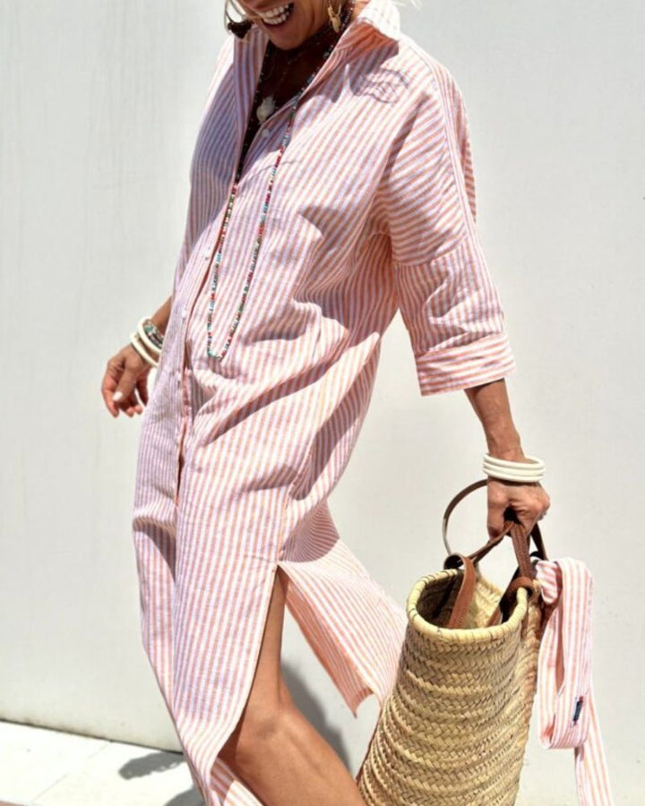 Marcellina | Women's Stripe Belted Shirt Dress with Button Front