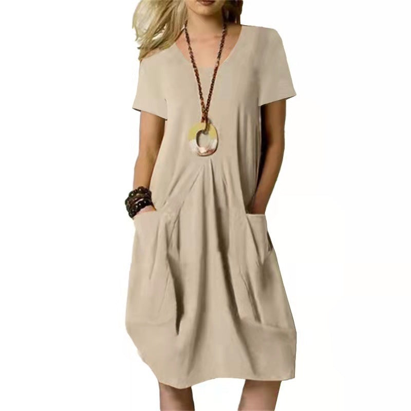 Annie | Women's Short Sleeve Midi Dress with Round Neckline and Pockets