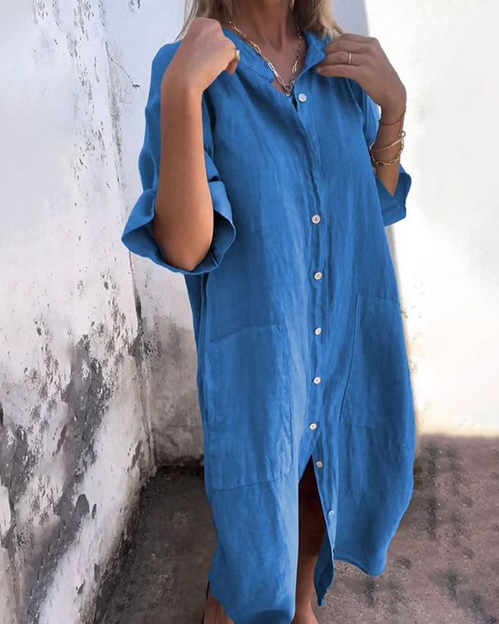 Maribelle | Women's Button-Up Linen Shirt Dress with Large Pockets