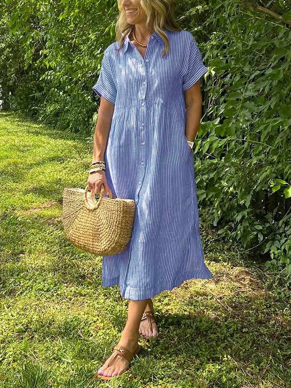 Brinley | Women's Striped Button Up Collar Dress with Pockets