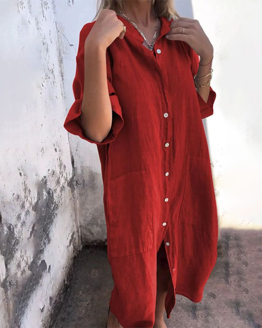 Maribelle | Women's Button-Up Linen Shirt Dress with Large Pockets