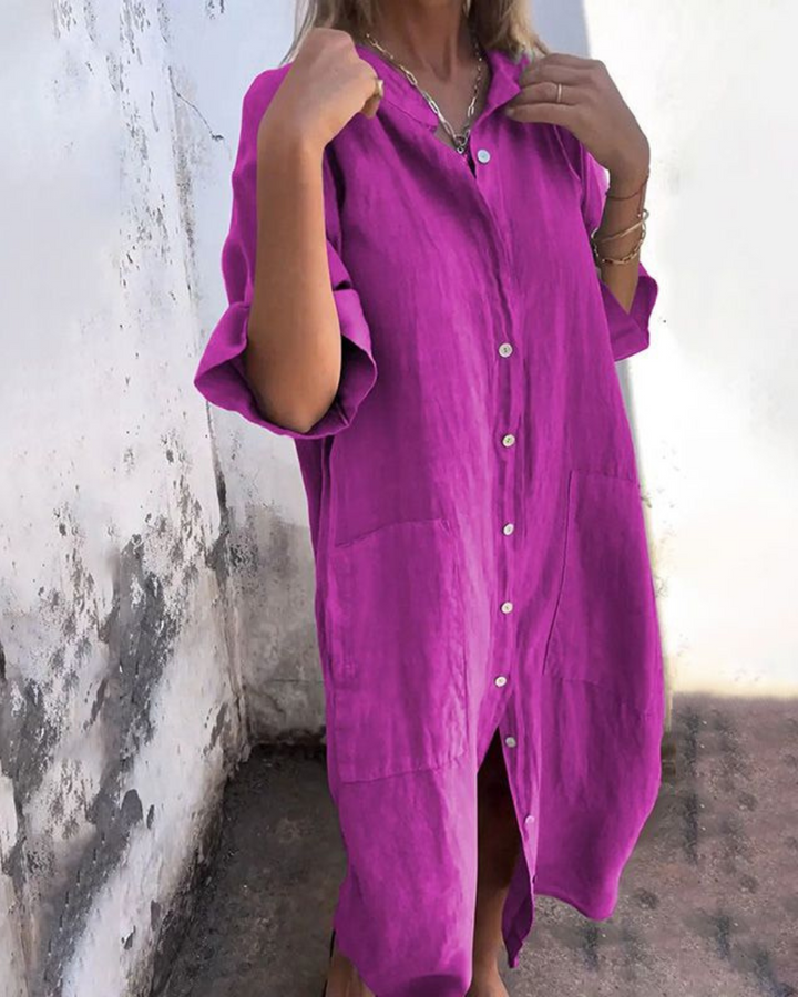 Maribelle | Women's Button-Up Linen Shirt Dress with Large Pockets