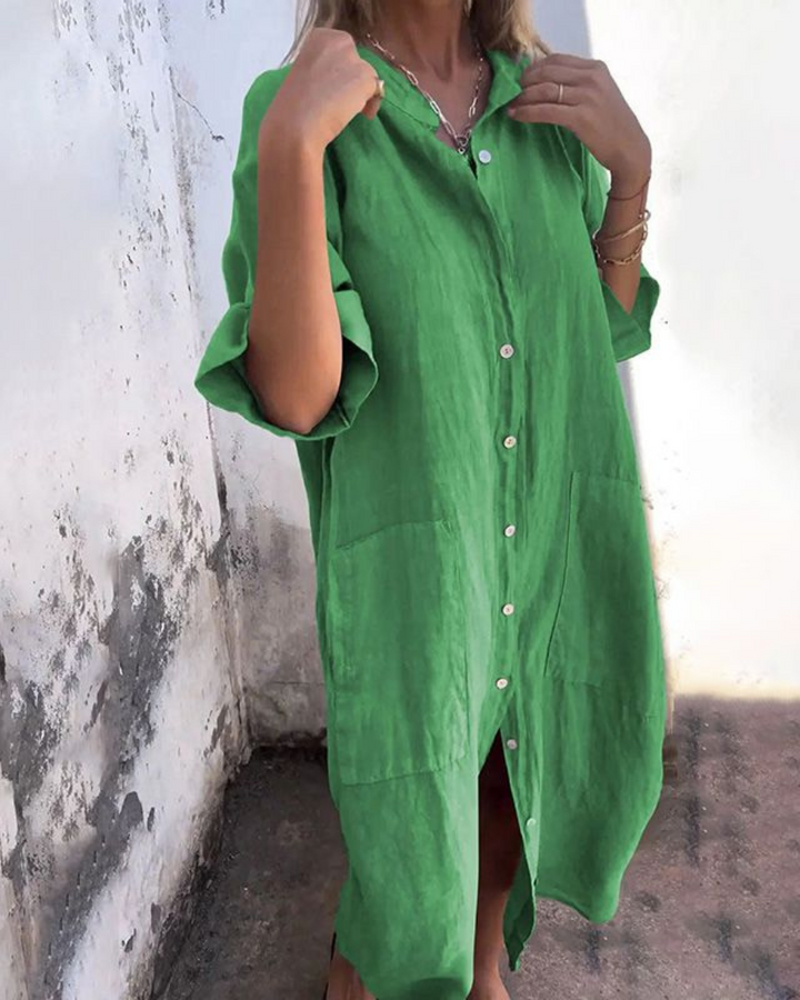 Maribelle | Women's Button-Up Linen Shirt Dress with Large Pockets