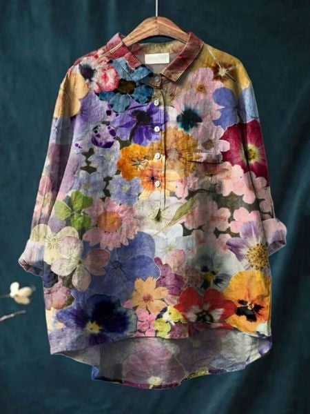 Linnea | Women's Lightweight Floral Blouse with Half Buttons and Collar