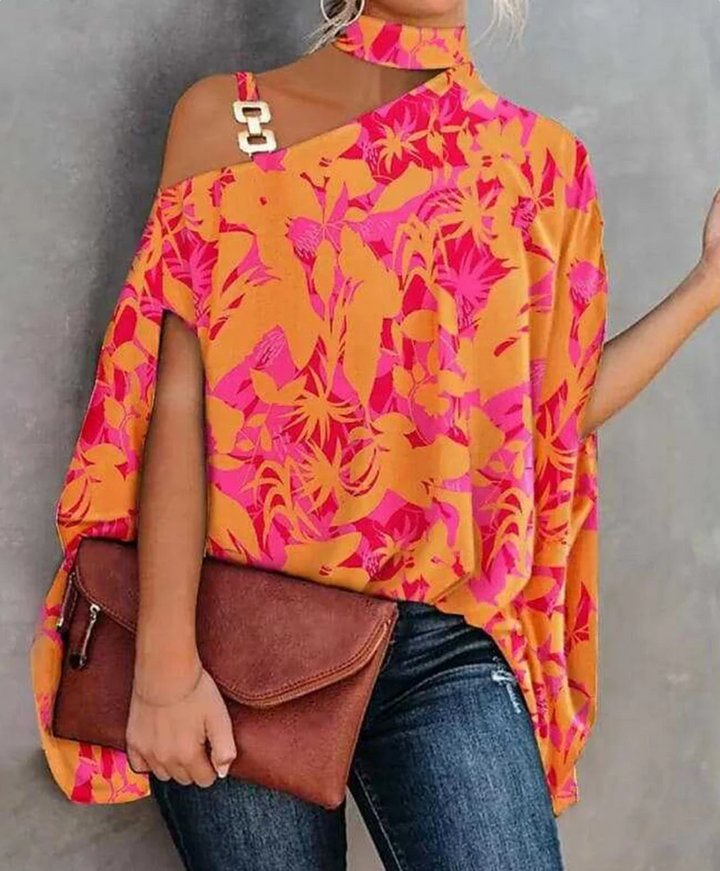 Sorina | Women’s Gold Accent One-Shoulder Blouse with Geometric Print